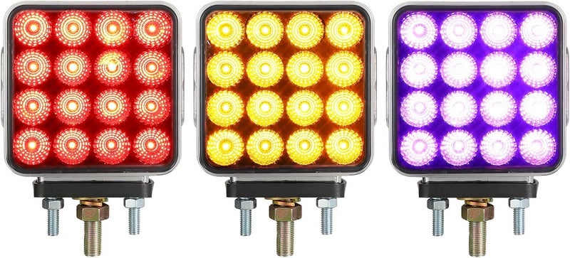 Partsam 2x Dual Revolution Amber/Red/Purple Square Double Face 38 Diode Marker/Turn Signal and Auxiliary Led Pedestal Light with Chrome Housing Sealed Replacement for Kenworth/Peterbilt/Freightliner - Image 3